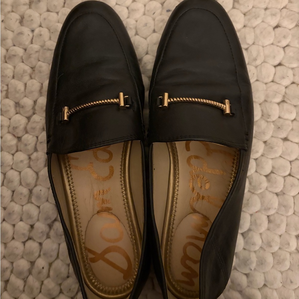 Sam Edelman Black Leather Women's Loafers with Gold Chain Accent